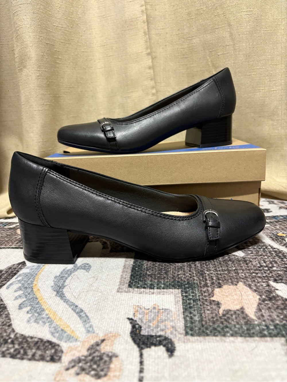 Clarks Black Leather Mid Block Heel Pumps with Buckle